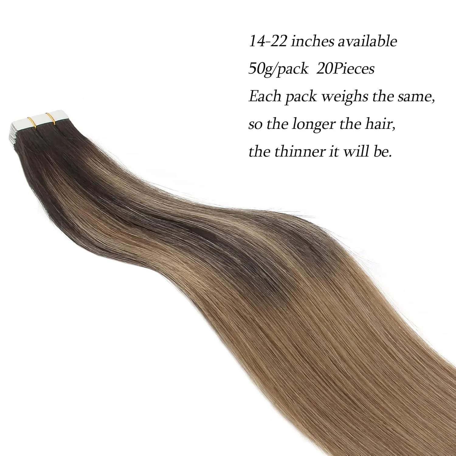 ABH AmazingBeauty Hair Sun-kissed Hair Balayage Extensions Tape-ins, Invisible, Double Sided Real Remy Human Hair Skin Weft, 50g 20pcs, Dark Brown with Chestnut Brown B2-6, 22 Inch