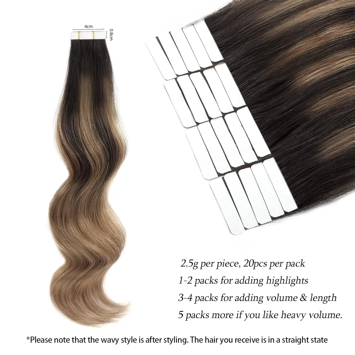 ABH AmazingBeauty Hair Sun-kissed Hair Balayage Extensions Tape-ins, Invisible, Double Sided Real Remy Human Hair Skin Weft, 50g 20pcs, Dark Brown with Chestnut Brown B2-6, 22 Inch