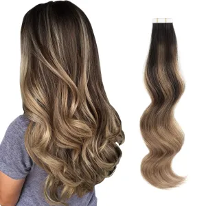 ABH AmazingBeauty Hair Sun-kissed Hair Balayage Extensions Tape-ins, Invisible, Double Sided Real Remy Human Hair Skin Weft, 50g 20pcs, Dark Brown with Chestnut Brown B2-6, 22 Inch