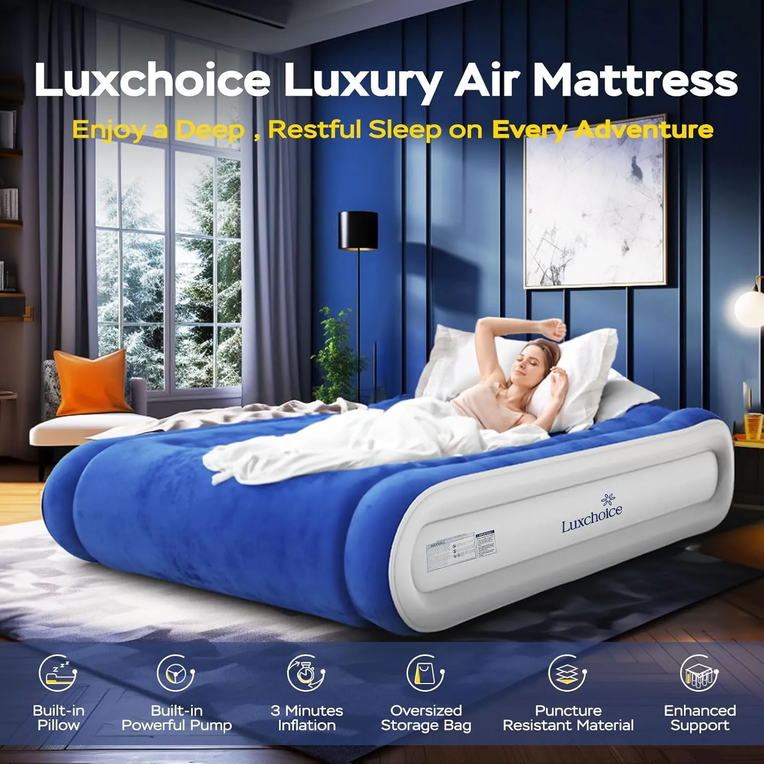 Air Mattress Queen with Built in Pump 16'' Luxury Inflatable Mattress with Raised Pillow Quick Inflation Flocked Top Durable Camping Air Mattress Double Blow Up Mattress for Home Guests Outdoors