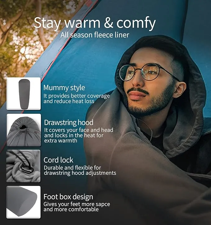 All Season Fleece Sleeping Bag Liner Adds Up to 27°F/ 15°C, Lightweight Mummy Sleeping Sack for Cold Weather and Winter Backpacking, Camping, Traveling with Drawstring Hood and Stuff Sack E629