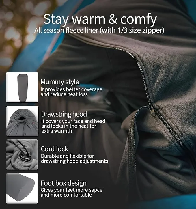 All Season Fleece Sleeping Bag Liner Adds Up to 27°F/ 15°C, Lightweight Mummy Sleeping Sack for Cold Weather and Winter Backpacking, Camping, Traveling with Drawstring Hood and Stuff Sack E629
