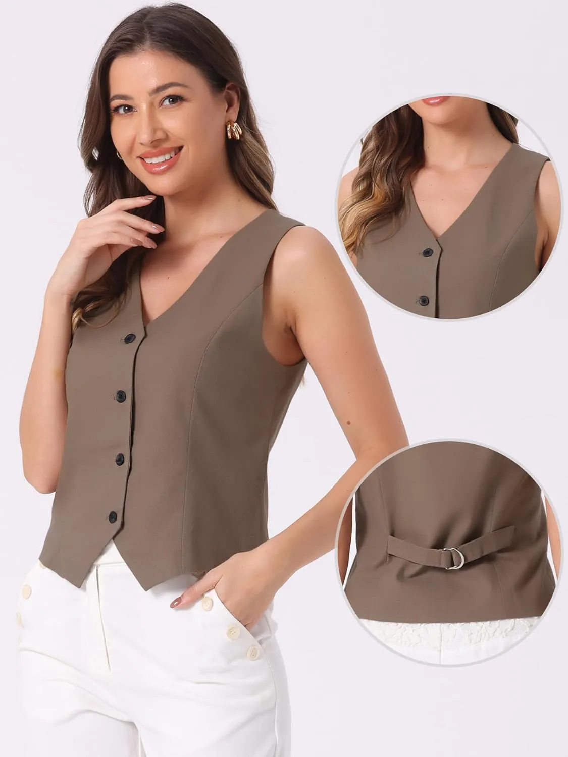 Allegra K Linen Vest Waistcoat for Women's Fashion Sleeveless Button Down V Neck Crop Top Summer Vest