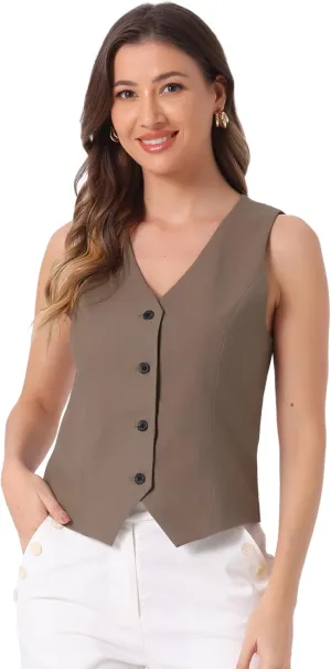 Allegra K Linen Vest Waistcoat for Women's Fashion Sleeveless Button Down V Neck Crop Top Summer Vest