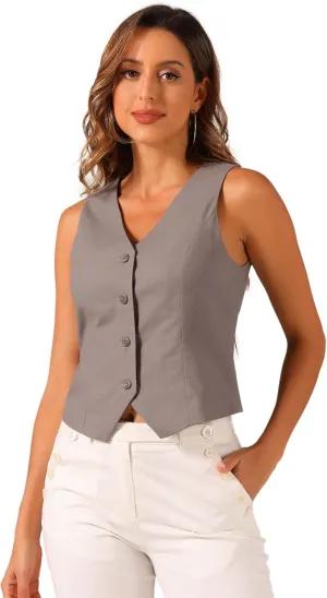 Allegra K Linen Vest Waistcoat for Women's Fashion Sleeveless Button Down V Neck Crop Top Summer Vest