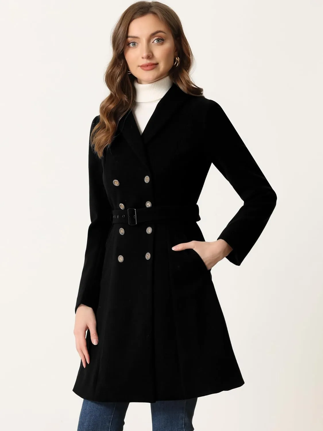 Allegra K Pea Coats for Women's Winter Fashion Lapel Belted Double Breasted Trench Coat