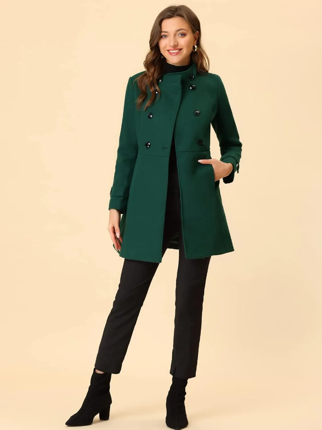 Allegra K Women's Stand Collar Double Breasted Slant Pockets Trendy Outwear Winter Coat