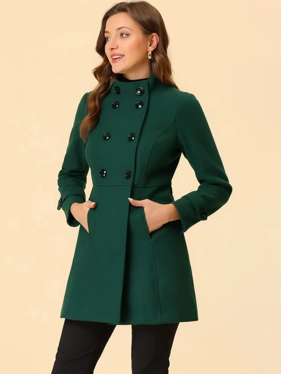 Allegra K Women's Stand Collar Double Breasted Slant Pockets Trendy Outwear Winter Coat