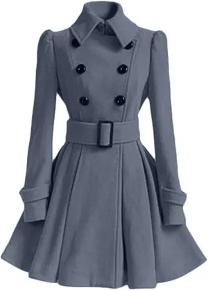 Andongnywell Women Swing Wool Trench Pea Coat Double Breasted Mid-Long Long Sleeve Lapel Wrap Winter Outwear Overcoat