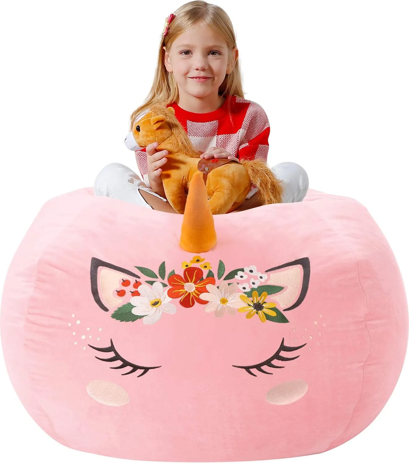 Aubliss Stuffed Animal Storage Bean Bag Chair Cover for Kids,Large 32" Velvet Extra Soft Zipper Beanbag for Organizing Toddler and Kids' Rooms Plush Toys,Bean Bag Chair Cover Only,Unicorn Pink Floral
