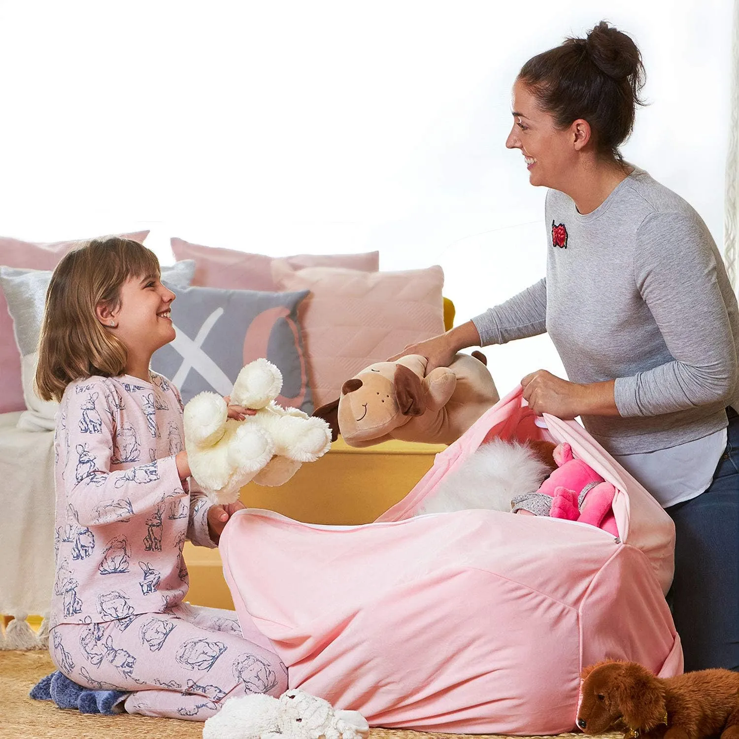 Aubliss Stuffed Animal Storage Bean Bag Chair Cover for Kids,Large 32" Velvet Extra Soft Zipper Beanbag for Organizing Toddler and Kids' Rooms Plush Toys,Bean Bag Chair Cover Only,Unicorn Pink Floral