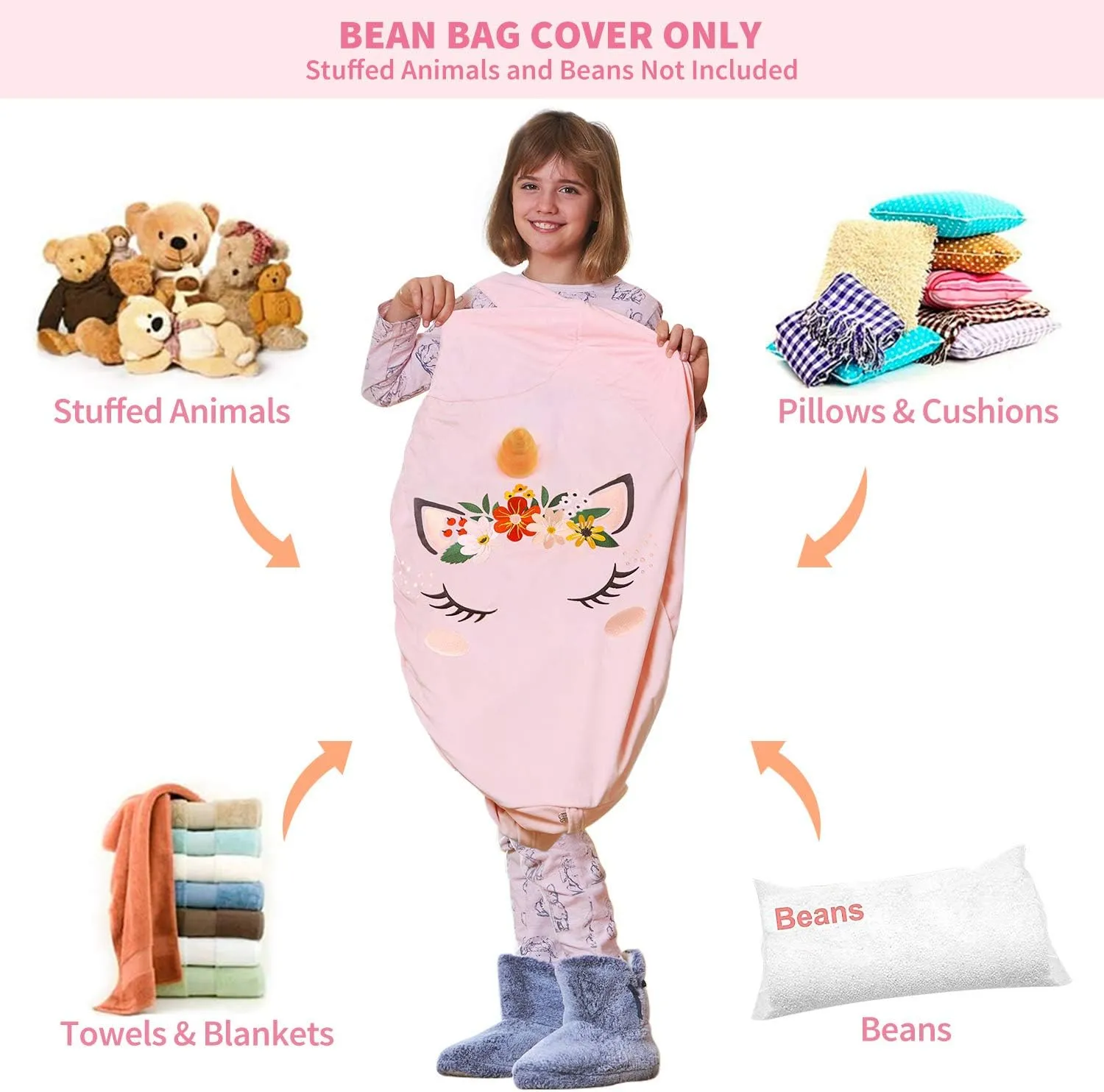 Aubliss Stuffed Animal Storage Bean Bag Chair Cover for Kids,Large 32" Velvet Extra Soft Zipper Beanbag for Organizing Toddler and Kids' Rooms Plush Toys,Bean Bag Chair Cover Only,Unicorn Pink Floral