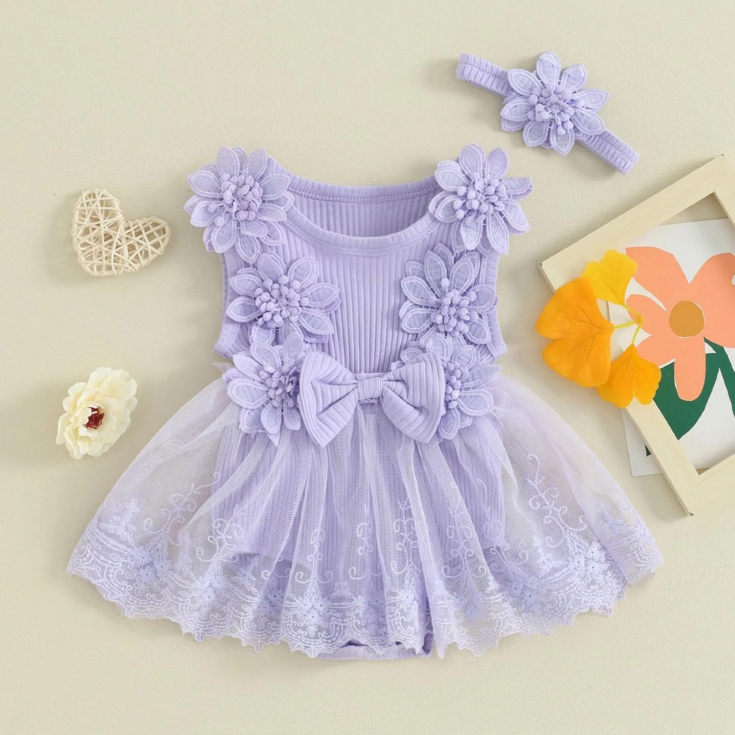 Baby Girls Cute Dress Romper Sets Sleeveless Layered Tulle Tutu Applique Bodysuit Dress & Headband for Toddler