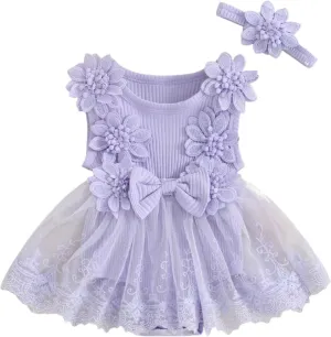 Baby Girls Cute Dress Romper Sets Sleeveless Layered Tulle Tutu Applique Bodysuit Dress & Headband for Toddler