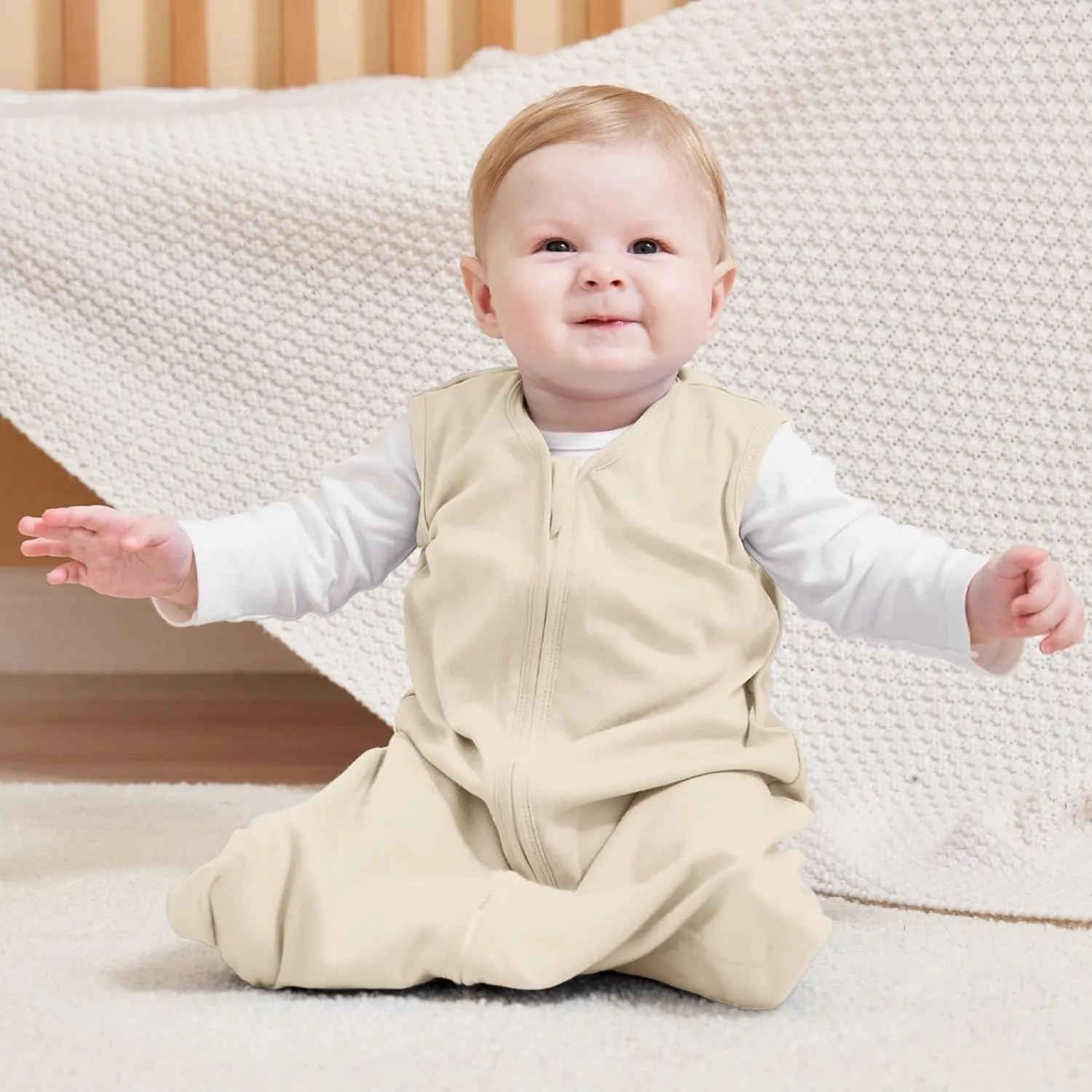 Baby Sleep Sack 0-6 Months, 100% Cotton Sleeping Sack for Newborn and Infant, 3 Pack Baby Wearable Blanket, 0.5 Tog Lightweight Double Zipper Sleep Bag Apricot