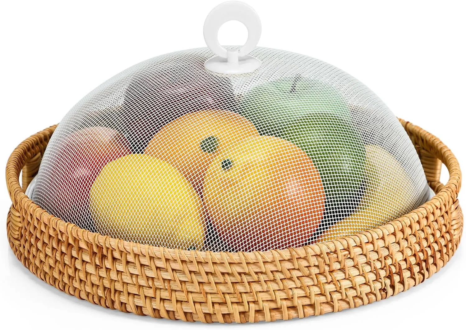 Baderke 2 Pcs Metal Mesh Food Covers - 11 Inch & 11.8 Inch Rattan Tray Outdoor Mesh Tents Round Woven Tray Dome Screen Plate Covers Reusable Fruit Nets Picnic Food Umbrella for Camping Party