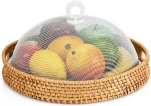 Baderke 2 Pcs Metal Mesh Food Covers - 11 Inch & 11.8 Inch Rattan Tray Outdoor Mesh Tents Round Woven Tray Dome Screen Plate Covers Reusable Fruit Nets Picnic Food Umbrella for Camping Party