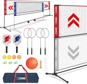 Badminton Sets for Backyards, Kids Volleyball Pickleball Combo Set with Net, Adjustable Width and Height (13.5ft/20ft Width x 7ft max Height) Portable Freestanding Rackets Set