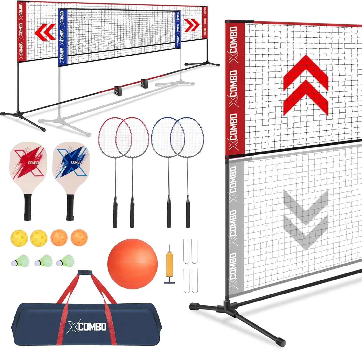 Badminton Sets for Backyards, Kids Volleyball Pickleball Combo Set with Net, Adjustable Width and Height (13.5ft/20ft Width x 7ft max Height) Portable Freestanding Rackets Set
