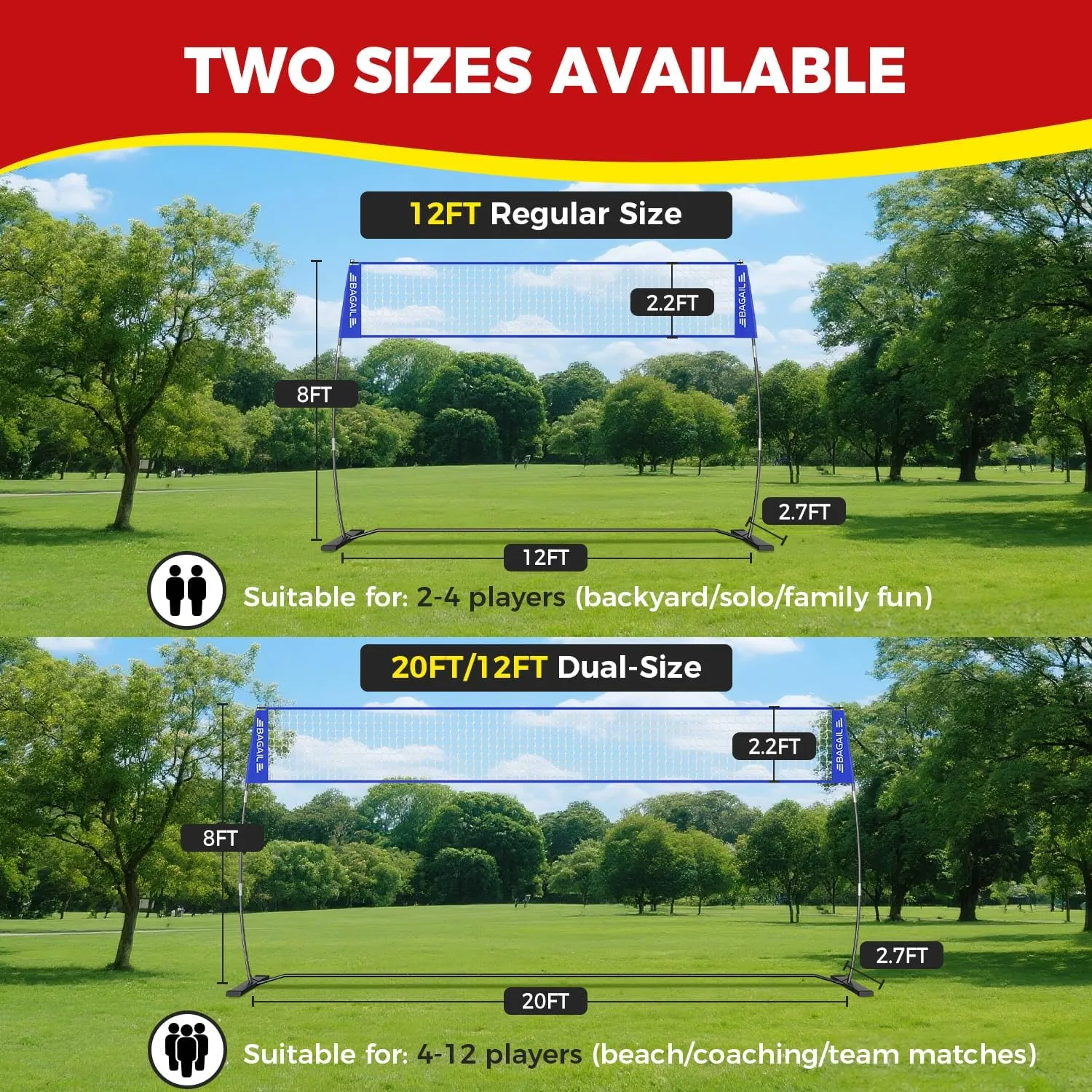 BAGAIL Volleyball Net, 12ft/20ft Portable Volleyball Net for Backyard - Adjustable Height, Heavy-Duty Frame, Freestanding Design - Portable Outdoor/Indoor Volleyball Set with Carry Bag