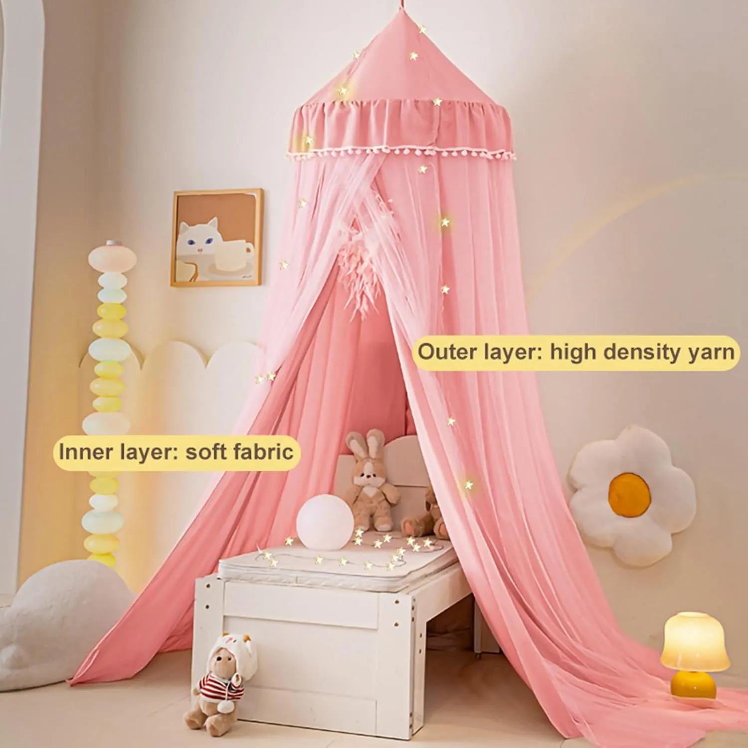 Bed Canopy for Girls with Star Lights, Double Layers Canopy for Bed, Princess Bed Canopy for Girls Bed Room Decor, Breathable Canopy Bed Curtain for Kids Reading Nook, Round Dome Play Tent, 25.6"x106"