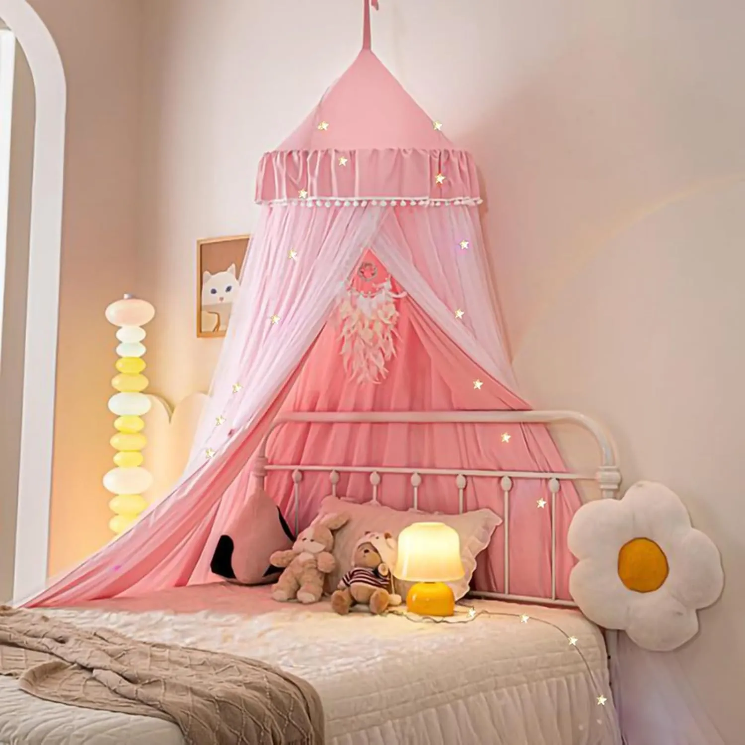 Bed Canopy for Girls with Star Lights, Double Layers Canopy for Bed, Princess Bed Canopy for Girls Bed Room Decor, Breathable Canopy Bed Curtain for Kids Reading Nook, Round Dome Play Tent, 25.6"x106"