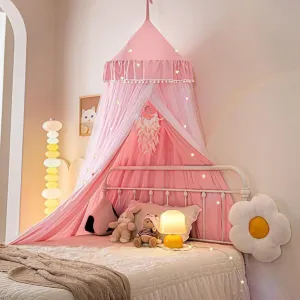 Bed Canopy for Girls with Star Lights, Double Layers Canopy for Bed, Princess Bed Canopy for Girls Bed Room Decor, Breathable Canopy Bed Curtain for Kids Reading Nook, Round Dome Play Tent, 25.6"x106"