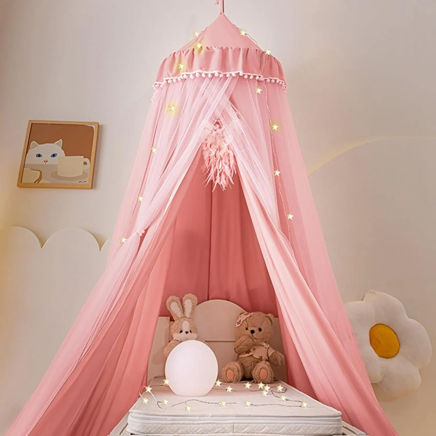 Bed Canopy for Girls with Star Lights, Double Layers Canopy for Bed, Princess Bed Canopy for Girls Bed Room Decor, Breathable Canopy Bed Curtain for Kids Reading Nook, Round Dome Play Tent, 25.6"x106"