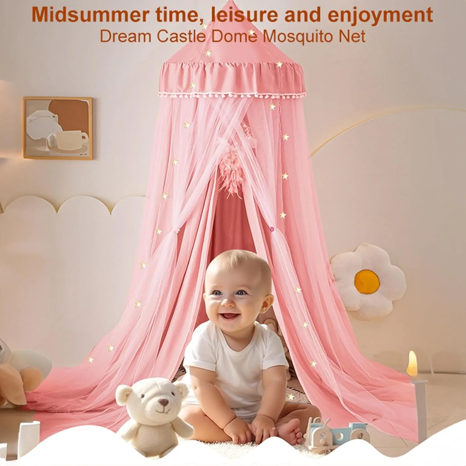 Bed Canopy for Girls with Star Lights, Double Layers Canopy for Bed, Princess Bed Canopy for Girls Bed Room Decor, Breathable Canopy Bed Curtain for Kids Reading Nook, Round Dome Play Tent, 25.6"x106"