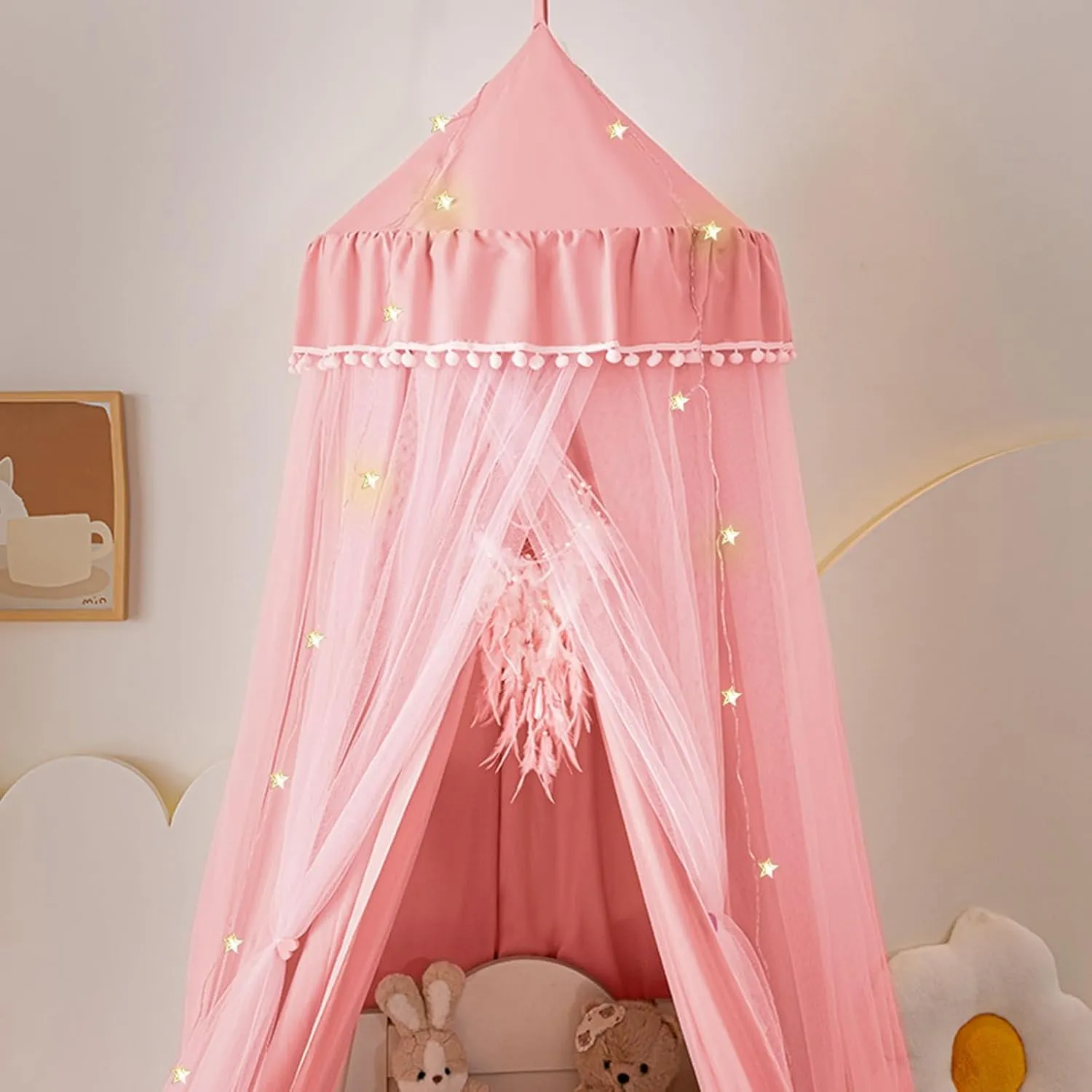 Bed Canopy for Girls with Star Lights, Double Layers Canopy for Bed, Princess Bed Canopy for Girls Bed Room Decor, Breathable Canopy Bed Curtain for Kids Reading Nook, Round Dome Play Tent, 25.6"x106"