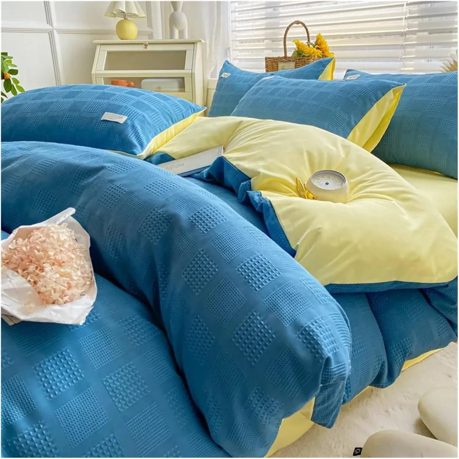 Bed Four Pieces Set, 4-Piece Bedding Set Feather Duvet Cover Set Sheet Set Washed Cotton no Filler (B-Twin