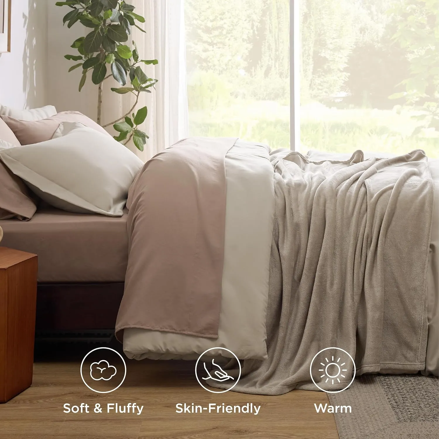Bedsure Queen Comforter Set Beige, 8 Pieces Prewashed Queen Size Bed in a Bag with Soft Fleece Bed Blanket, Down Alternative Bedding Set for All Seasons, Sheets, Pillowcases & Shams