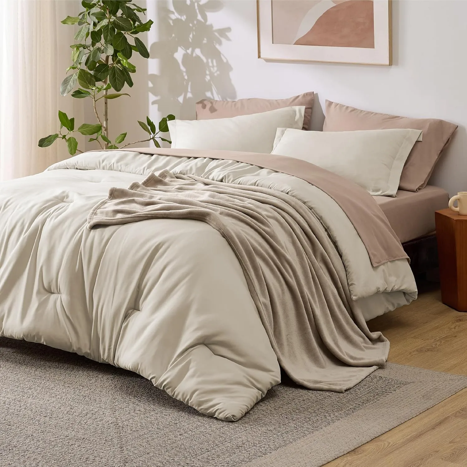 Bedsure Queen Comforter Set Beige, 8 Pieces Prewashed Queen Size Bed in a Bag with Soft Fleece Bed Blanket, Down Alternative Bedding Set for All Seasons, Sheets, Pillowcases & Shams