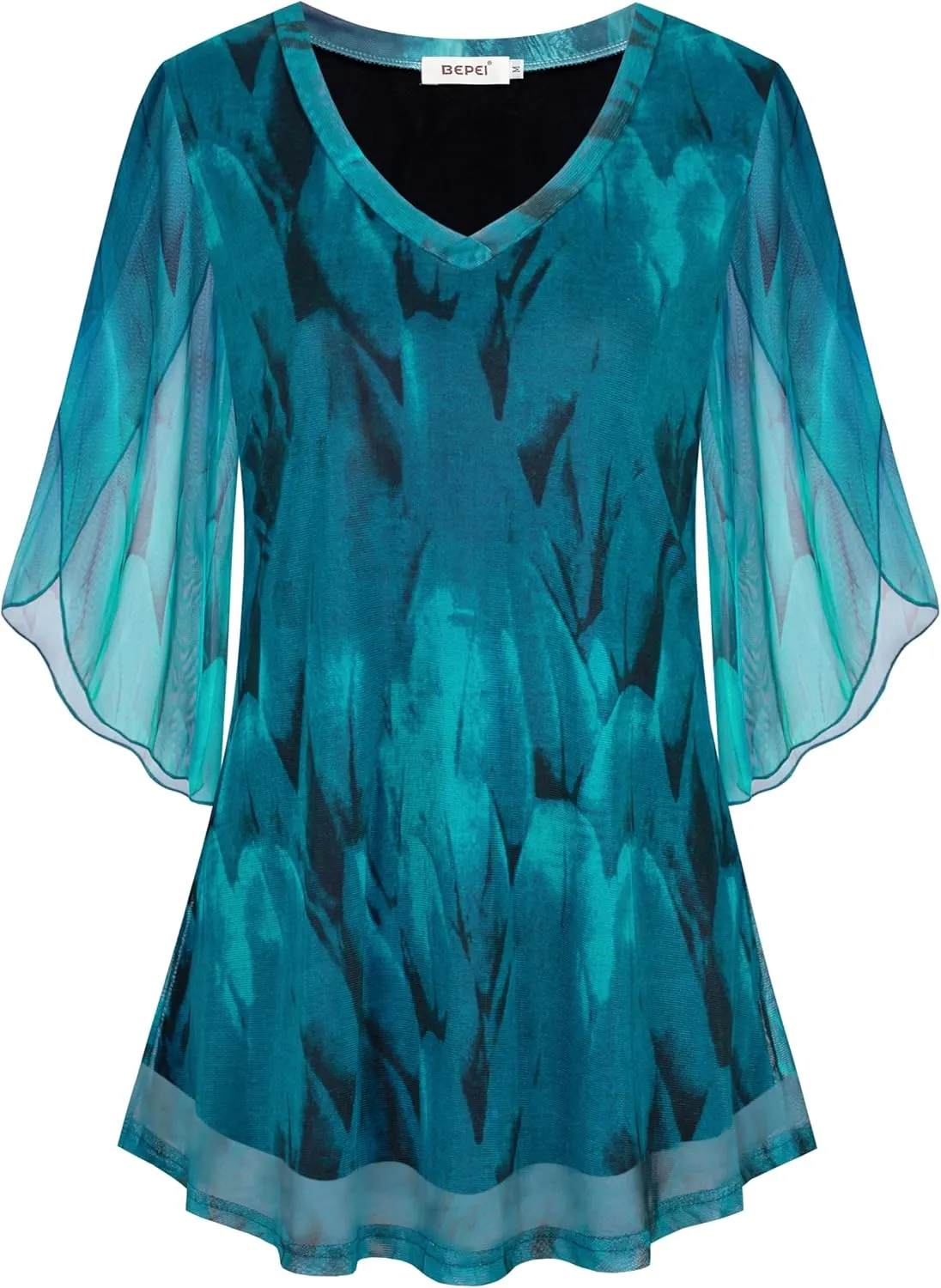BEPEI Women's Tops 3/4 Sleeve Dressy Casual Blouses V Neck Double Layers Shirts