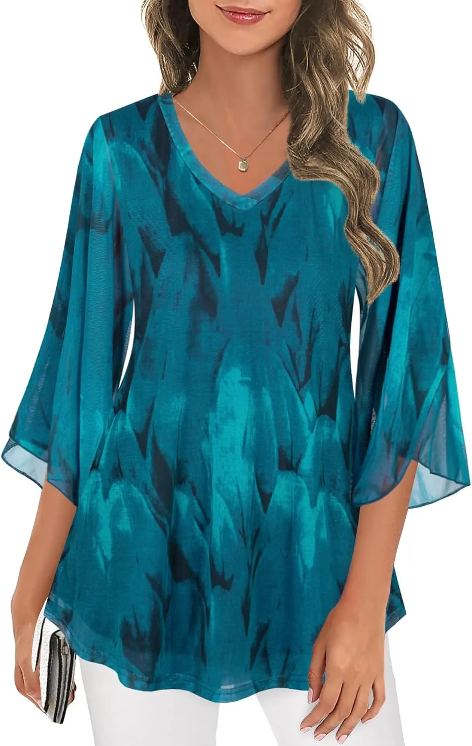 BEPEI Women's Tops 3/4 Sleeve Dressy Casual Blouses V Neck Double Layers Shirts