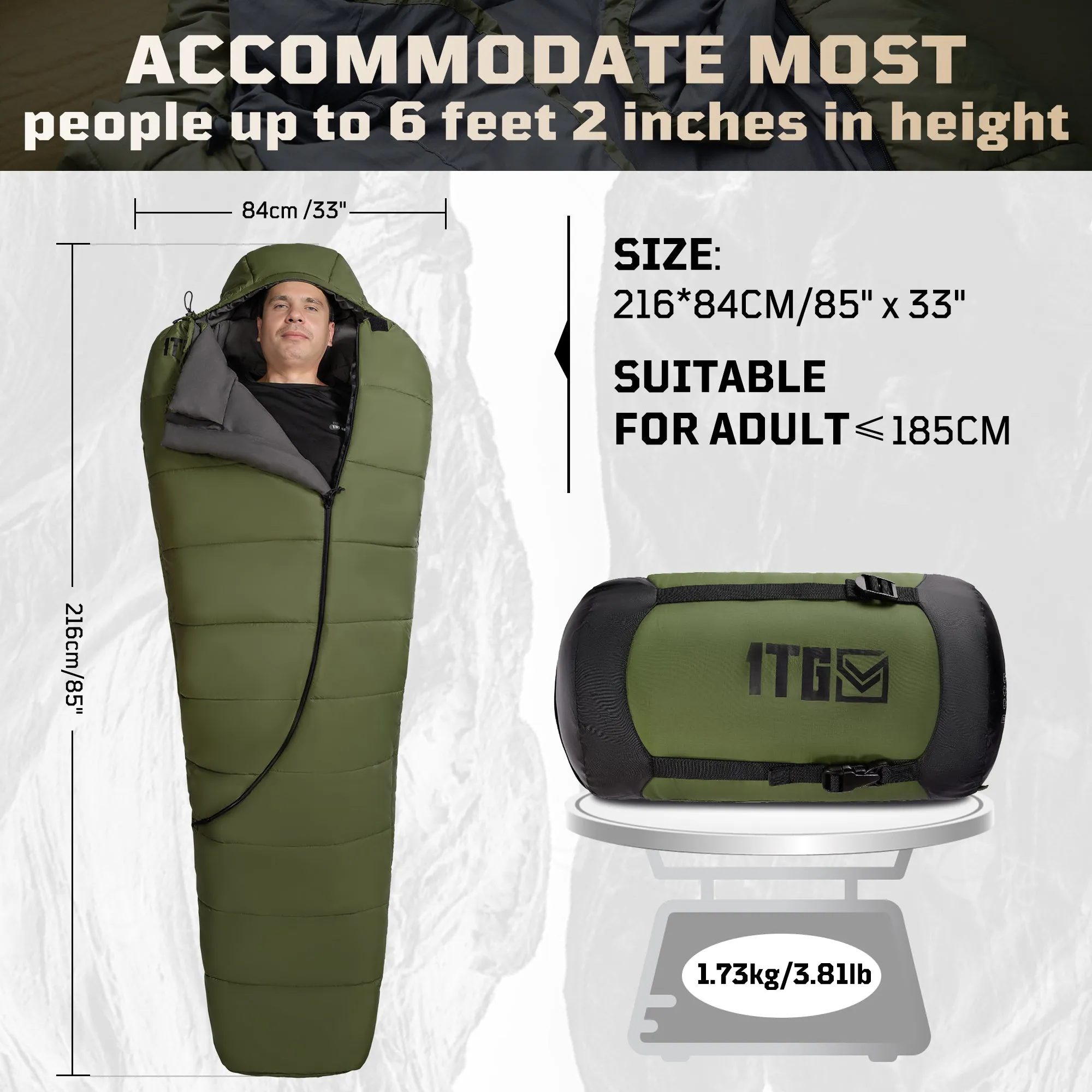 ★Best Saller★1TG Tactical Camping Mummy Sleeping Bag, 26-36℉ All Season