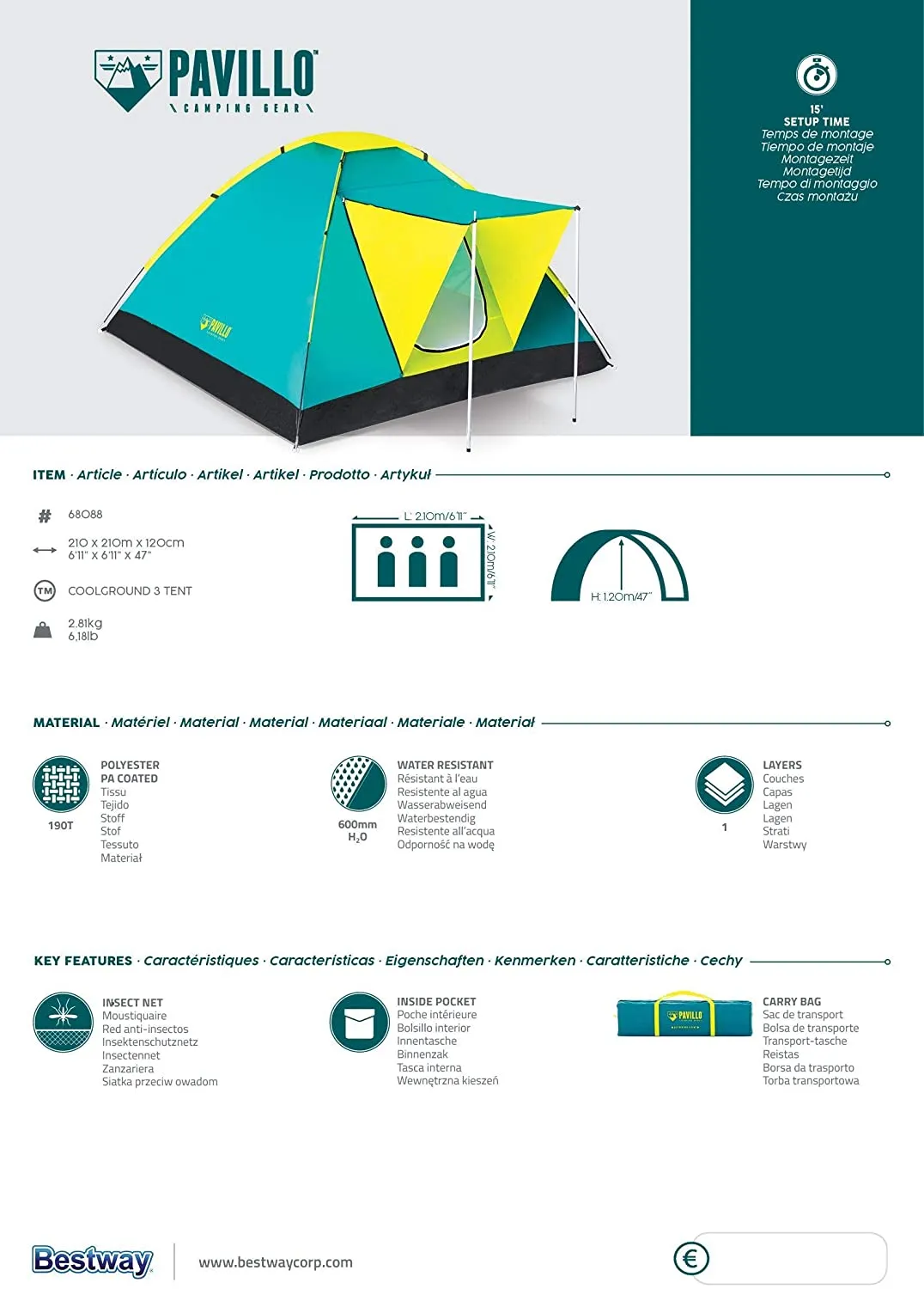 BESTWAY PAVILLO COOLGROUND Tent for camping 3p - 2.10Mx2.10Mx1.30M