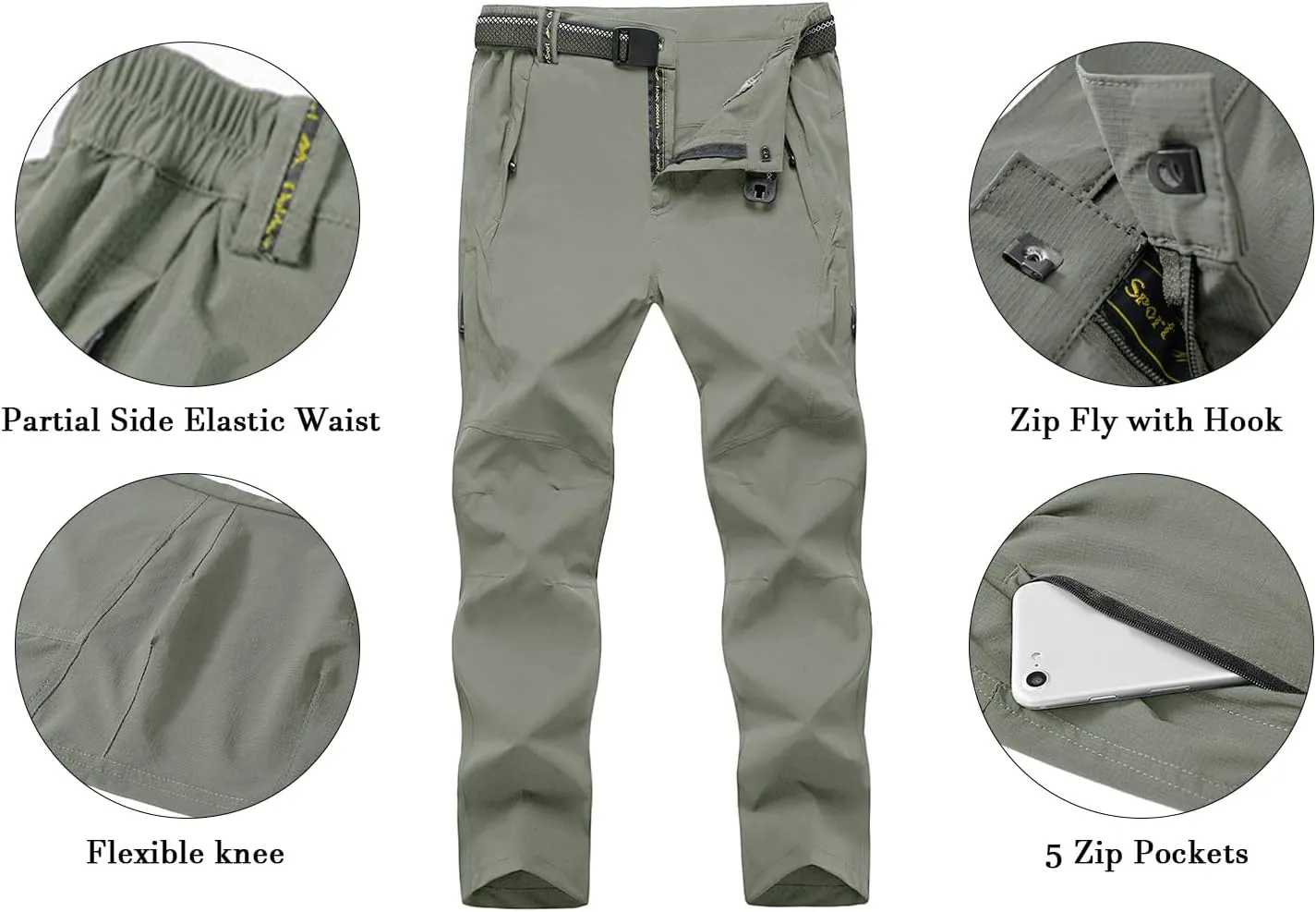 BGOWATU Men's Hiking Pants Quick Dry Lightweight Water Resistant Outdoor Sports Pants with Zipper Cargo Pockets