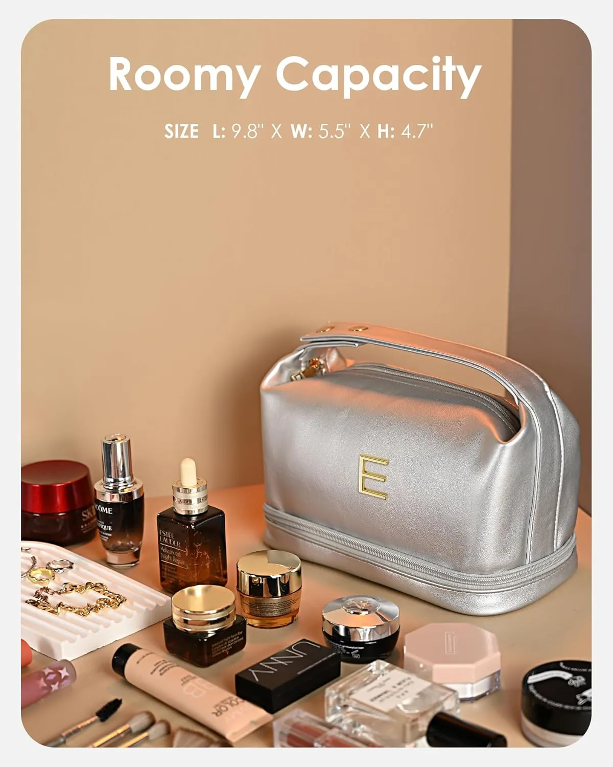 Birthday Gifts for Women, Makeup Bags with Handle, Initial Double Layer Cosmetic Bag with Makeup Brush Organizer, Cute Cosmetic Pouch for Women, Gifts for Friends Female Mom