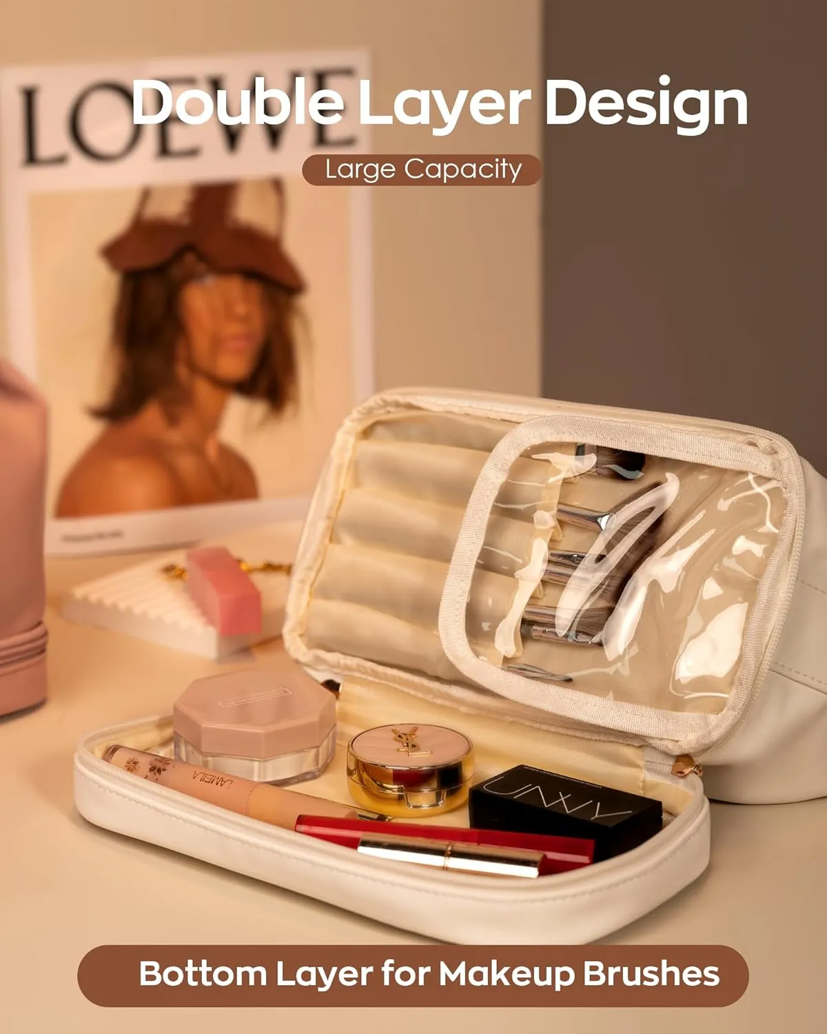 Birthday Gifts for Women, Makeup Bags with Handle, Initial Double Layer Cosmetic Bag with Makeup Brush Organizer, Cute Cosmetic Pouch for Women, Gifts for Friends Female Mom