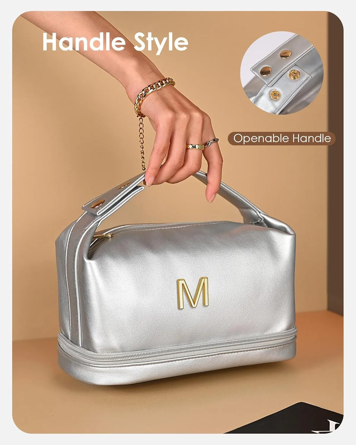 Birthday Gifts for Women, Makeup Bags with Handle, Initial Double Layer Cosmetic Bag with Makeup Brush Organizer, Cute Cosmetic Pouch for Women, Gifts for Friends Female Mom