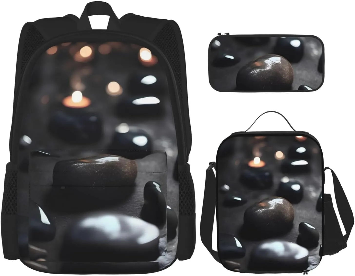Black Mystery Heart Stonebackpack 3 Piece Set, Duffel Bag, Casual Backpack, Girls Boys Backpack For Hiking, School