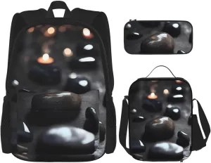 Black Mystery Heart Stonebackpack 3 Piece Set, Duffel Bag, Casual Backpack, Girls Boys Backpack For Hiking, School