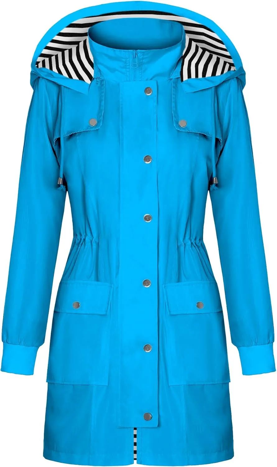 Bloggerlove Rain Jacket Women Lightweight Raincoat Waterproof Windbreaker Striped Climbing Outdoor Hooded Trench Coats S-XXL