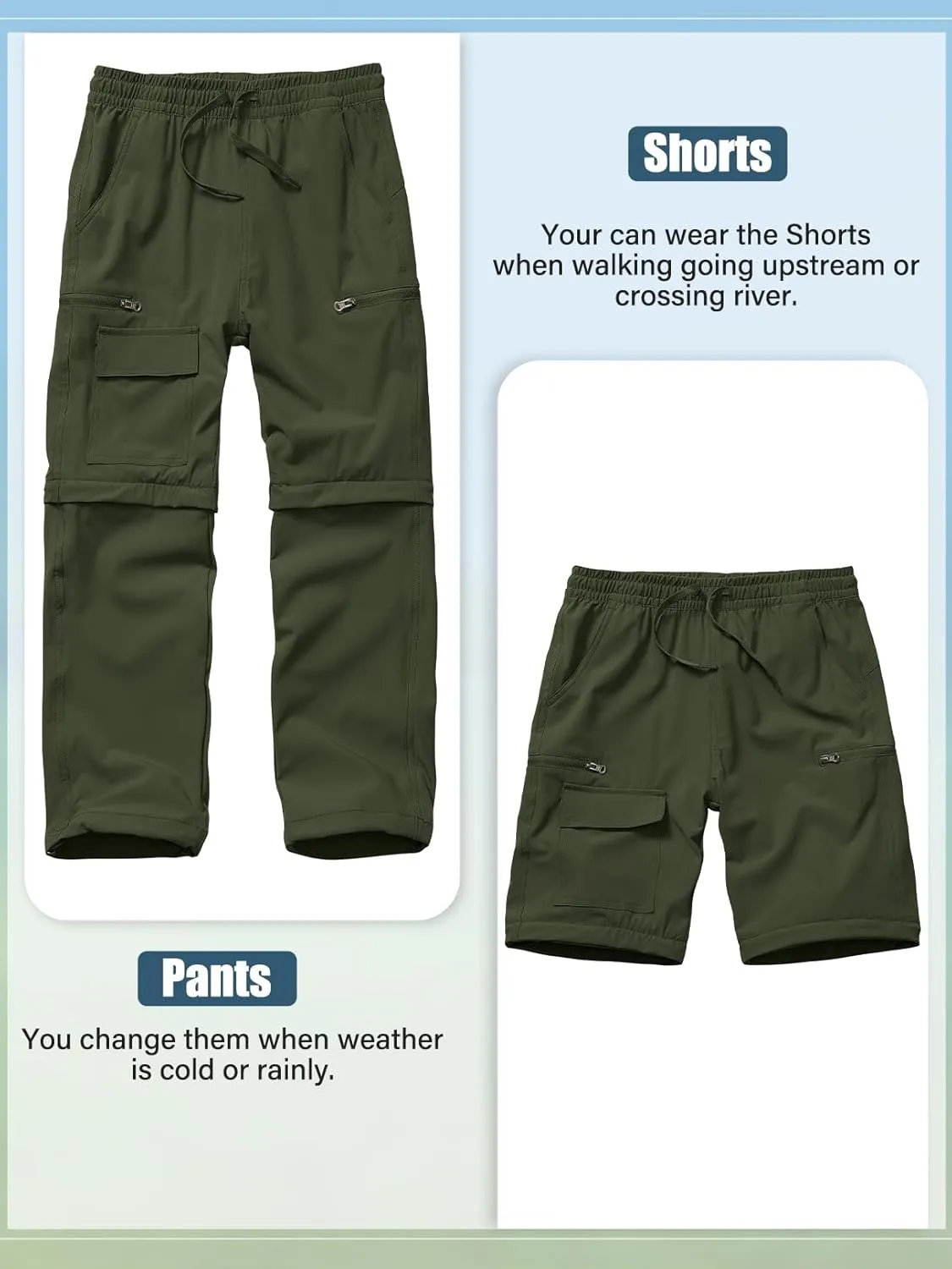 Boys Kids Hiking Cargo Pants, Youth Outdoor Quick Dry UPF 50 Lightweight Waterproof Climbing Caming Safari Convertible Pants