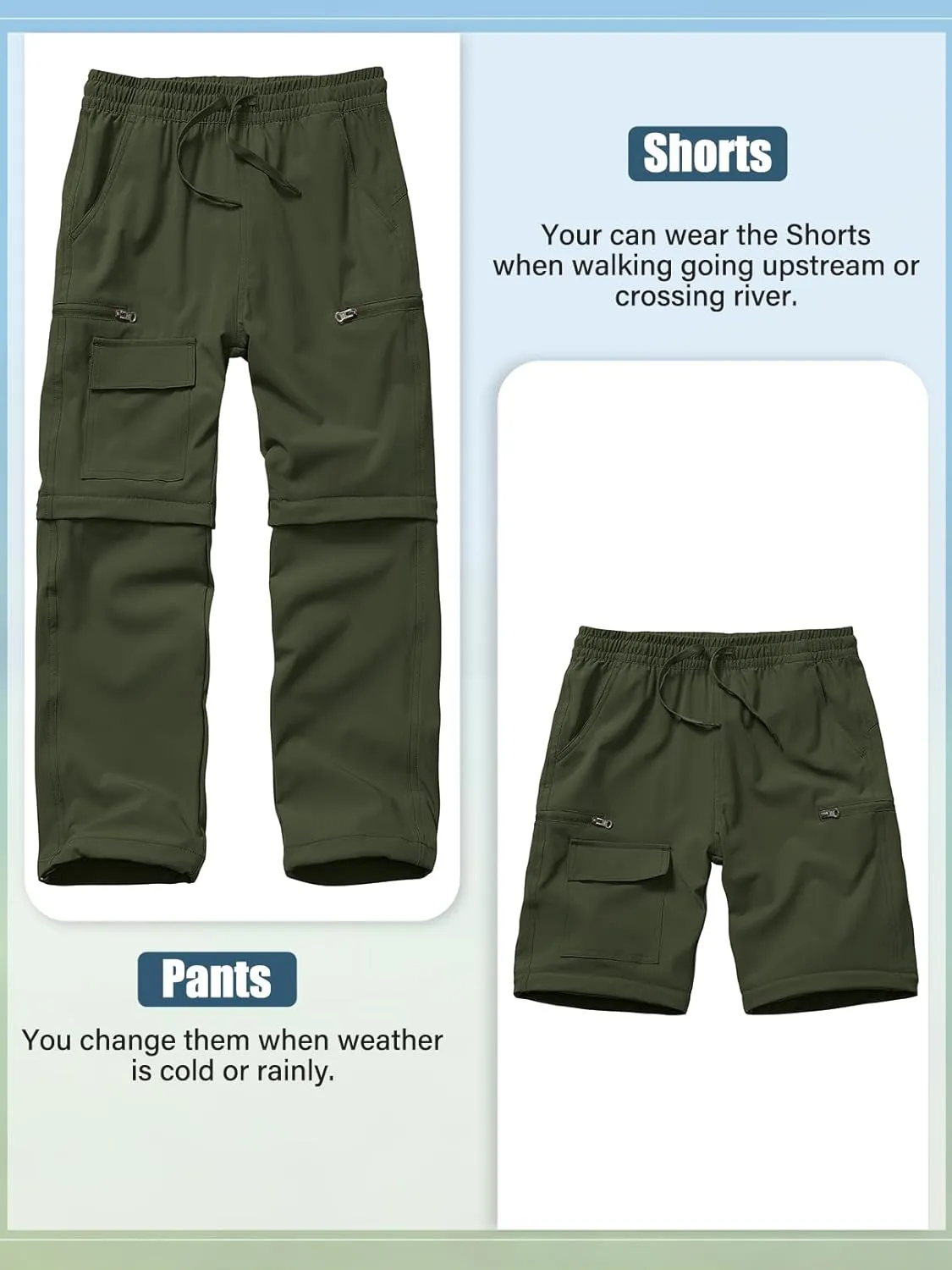 Boys Kids Hiking Cargo Pants, Youth Outdoor Quick Dry UPF 50 Lightweight Waterproof Climbing Caming Safari Convertible Pants