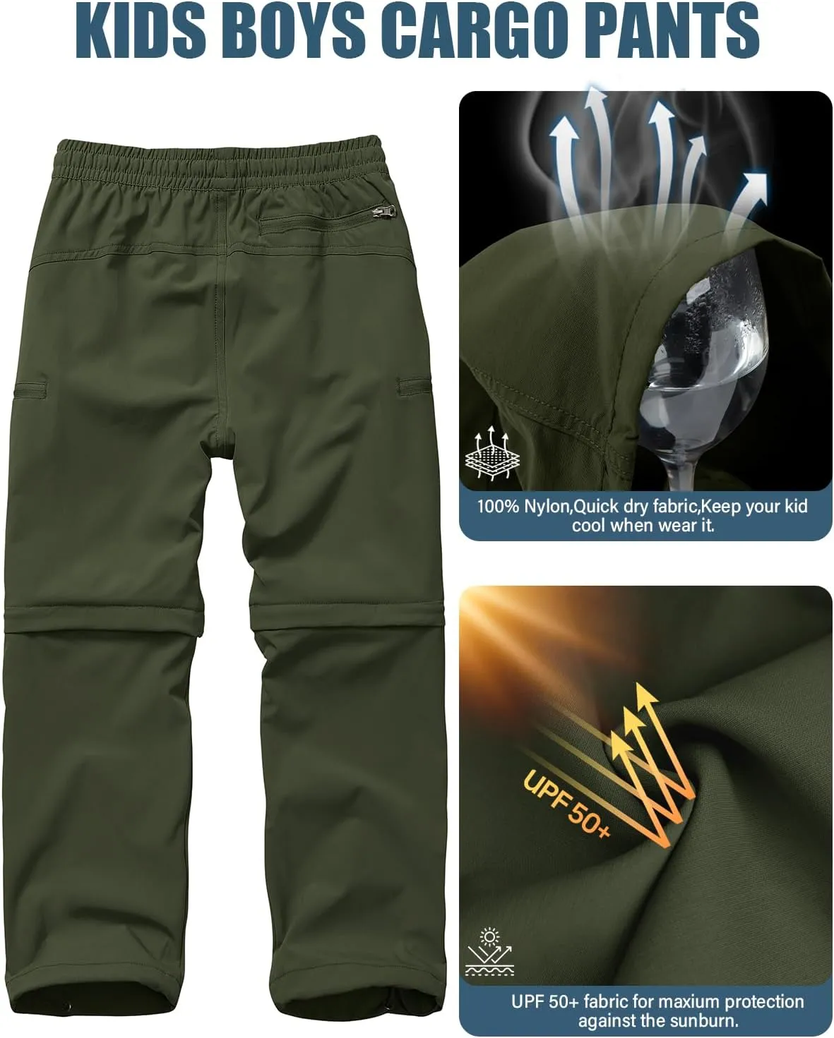 Boys Kids Hiking Cargo Pants, Youth Outdoor Quick Dry UPF 50 Lightweight Waterproof Climbing Caming Safari Convertible Pants