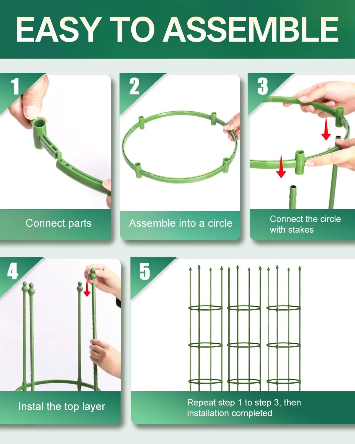 Breeze Touch 3 Pack Tomato Support Cages, Up to 59 Inch Adjustable Tomato Trellis for Garden & Pots, Small Plant Cages, Plant Support for Climbing Vegetables, Flowers, Beans, Cucumber Peony