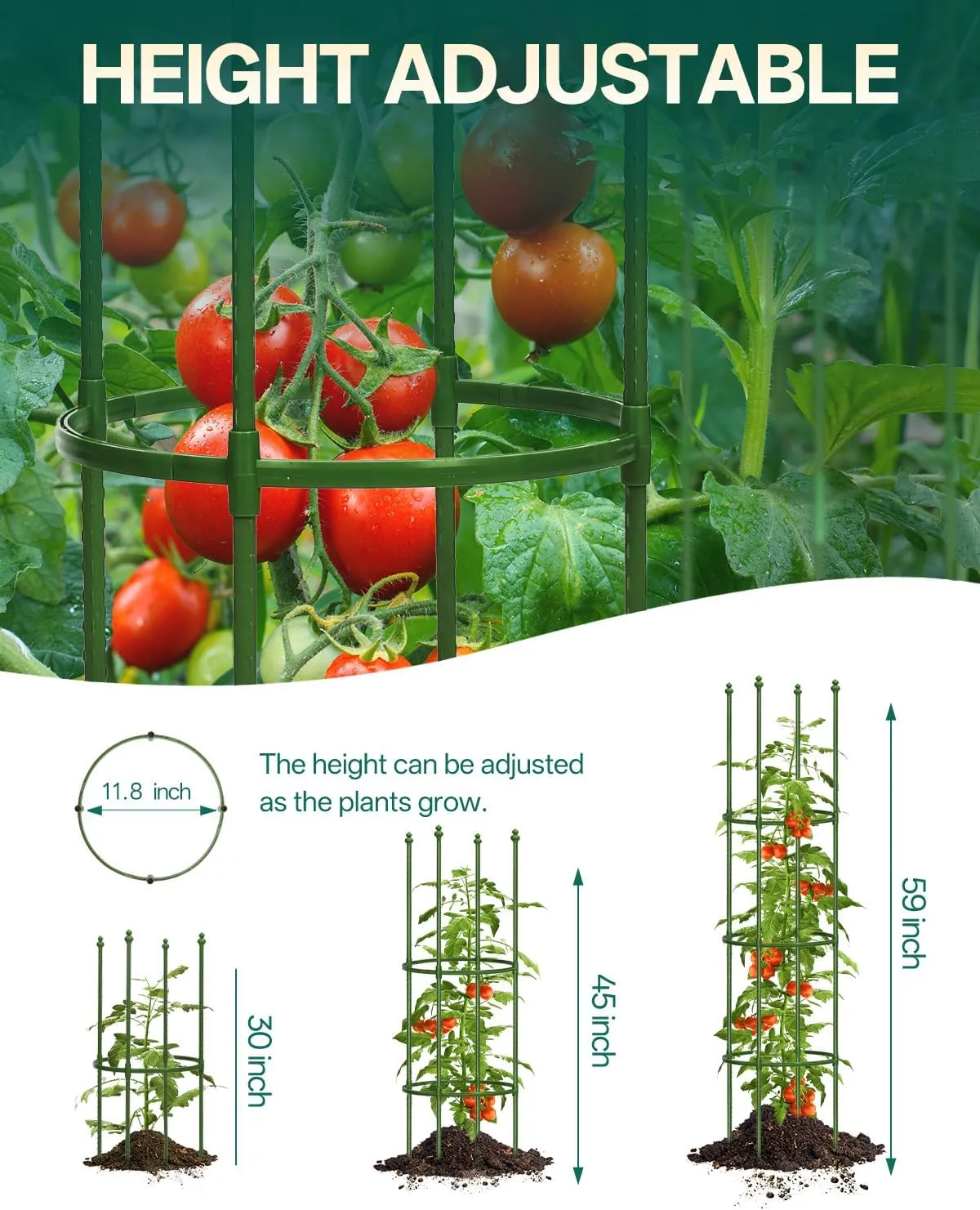 Breeze Touch 3 Pack Tomato Support Cages, Up to 59 Inch Adjustable Tomato Trellis for Garden & Pots, Small Plant Cages, Plant Support for Climbing Vegetables, Flowers, Beans, Cucumber Peony