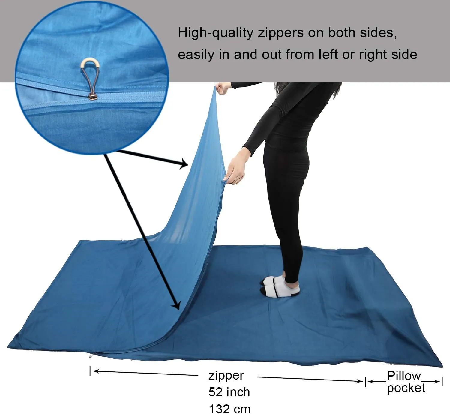Browint Silk/Cotton Travel Sheet with Double Zippers, 87"x43" Extra Wide Sleep Sack for Hotels, Lightweight Sleeping Bag Liner for Camping, Traveler Rectangular with Pillow Pocket …